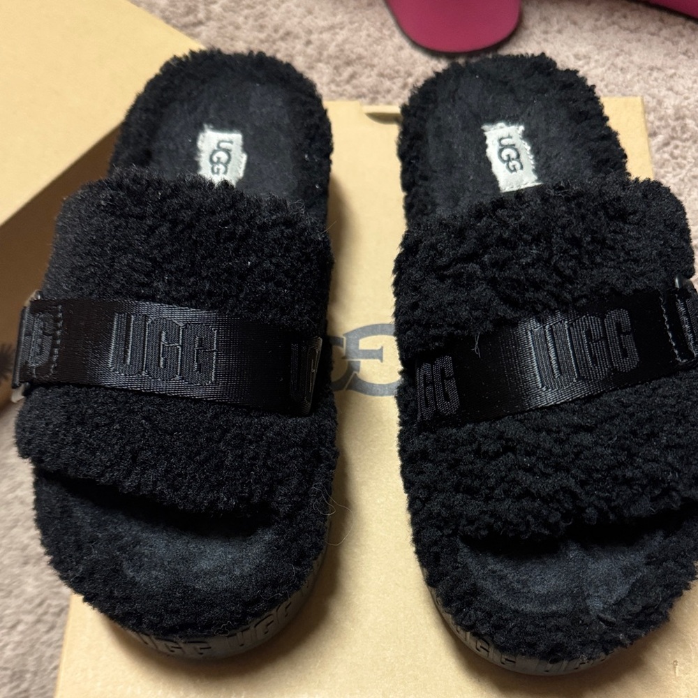 UGG Black Fuzzy Slide Sandals